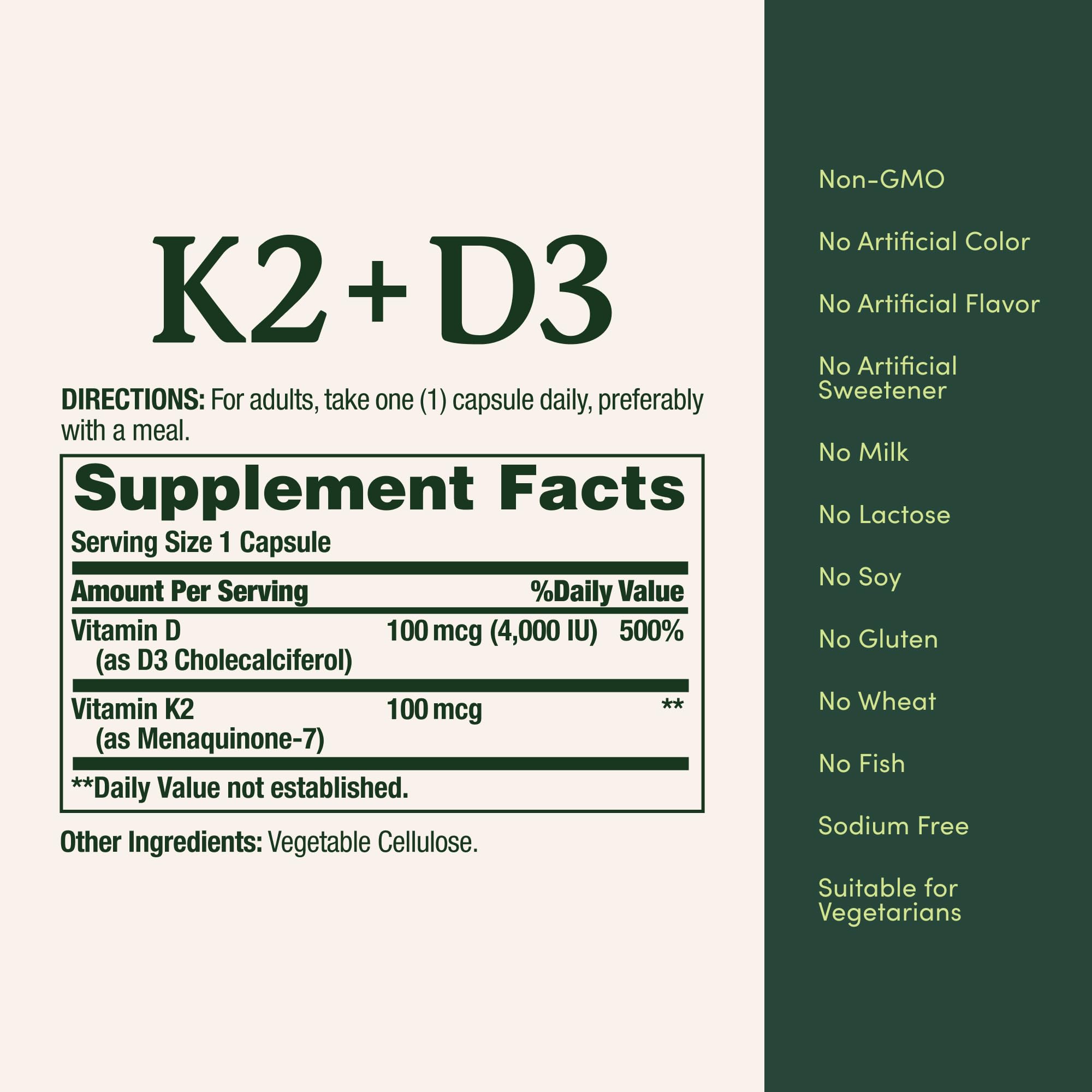 Nature's Bounty Vitamina D3 K2, fórmula libre de gluten y sabor artificial