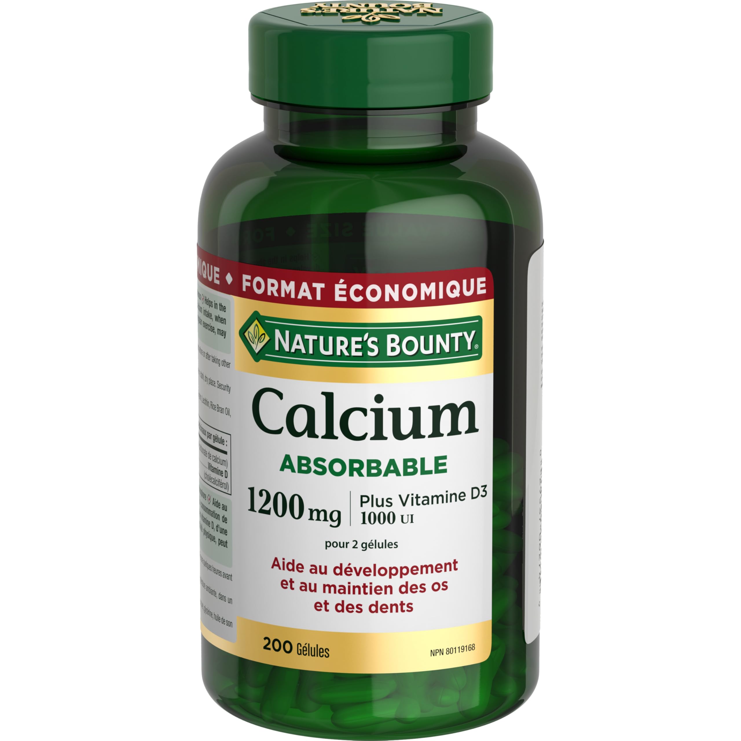 Nature's Bounty dosis diaria en cápsulas suaves de calcio y D3 para la salud ósea.