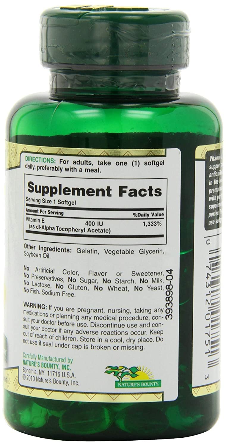 Nature's Bounty E-400 IU: bote de softgeles para apoyar salud cardíaca y circulación.