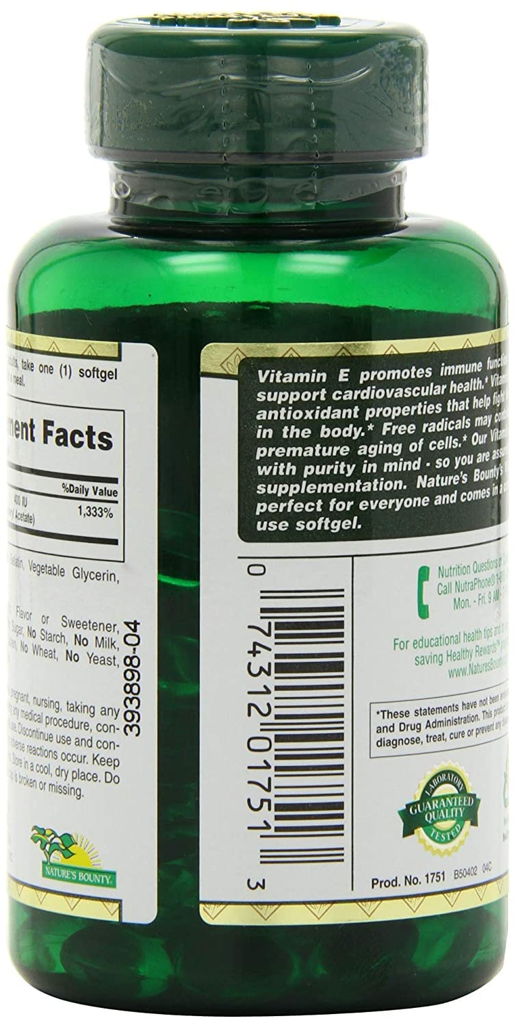 Nature's Bounty E-400 IU: etiqueta frontal para dosis diaria.