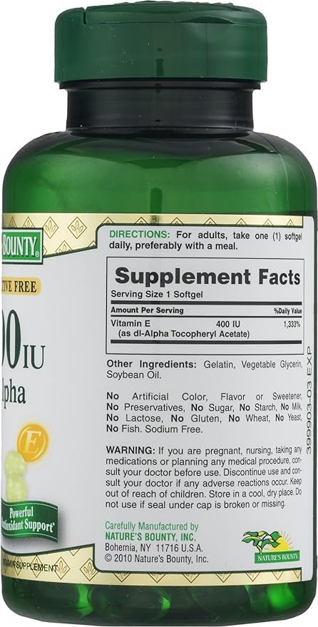 Nature's Bounty E-400 IU, caja para uso diario de suplementación.
