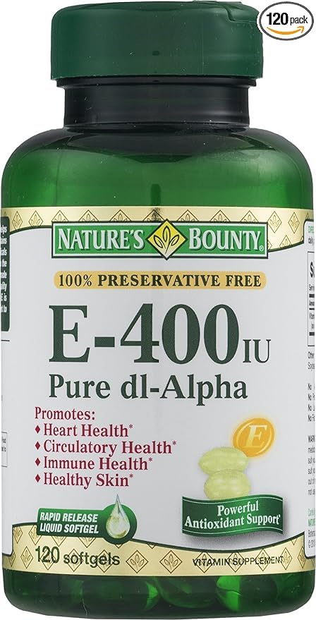 Nature's Bounty E-400 IU, etiqueta clara destacando la vitamina E dl-Alpha.