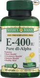 Nature's Bounty E-400 IU, etiqueta clara destacando la vitamina E dl-Alpha.