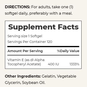 Nature's Bounty E-400 IU, etiqueta legible que facilita la revisión de ingredientes.