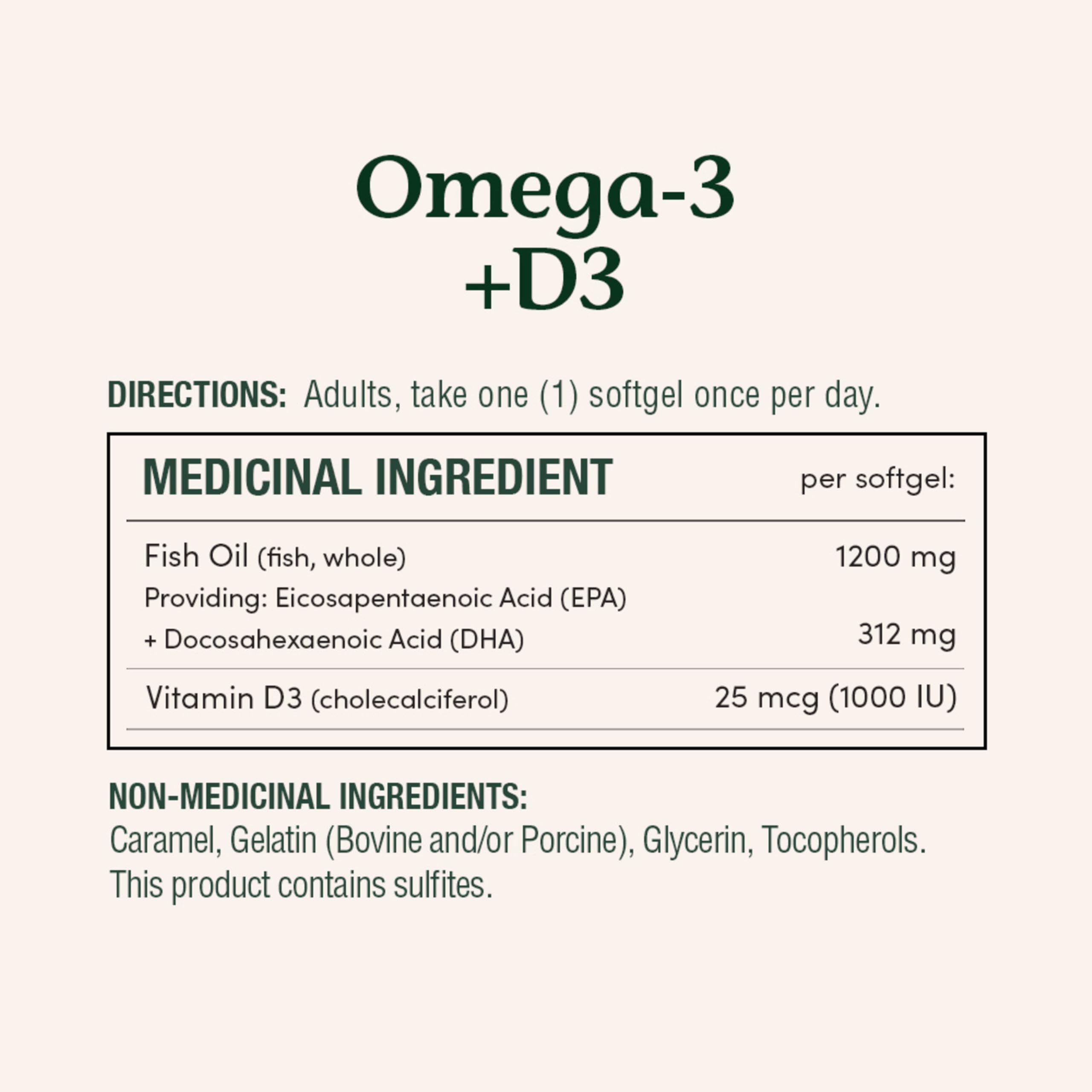 Nature's Bounty etiqueta Omega-3 y D3 para dosis diaria clara.