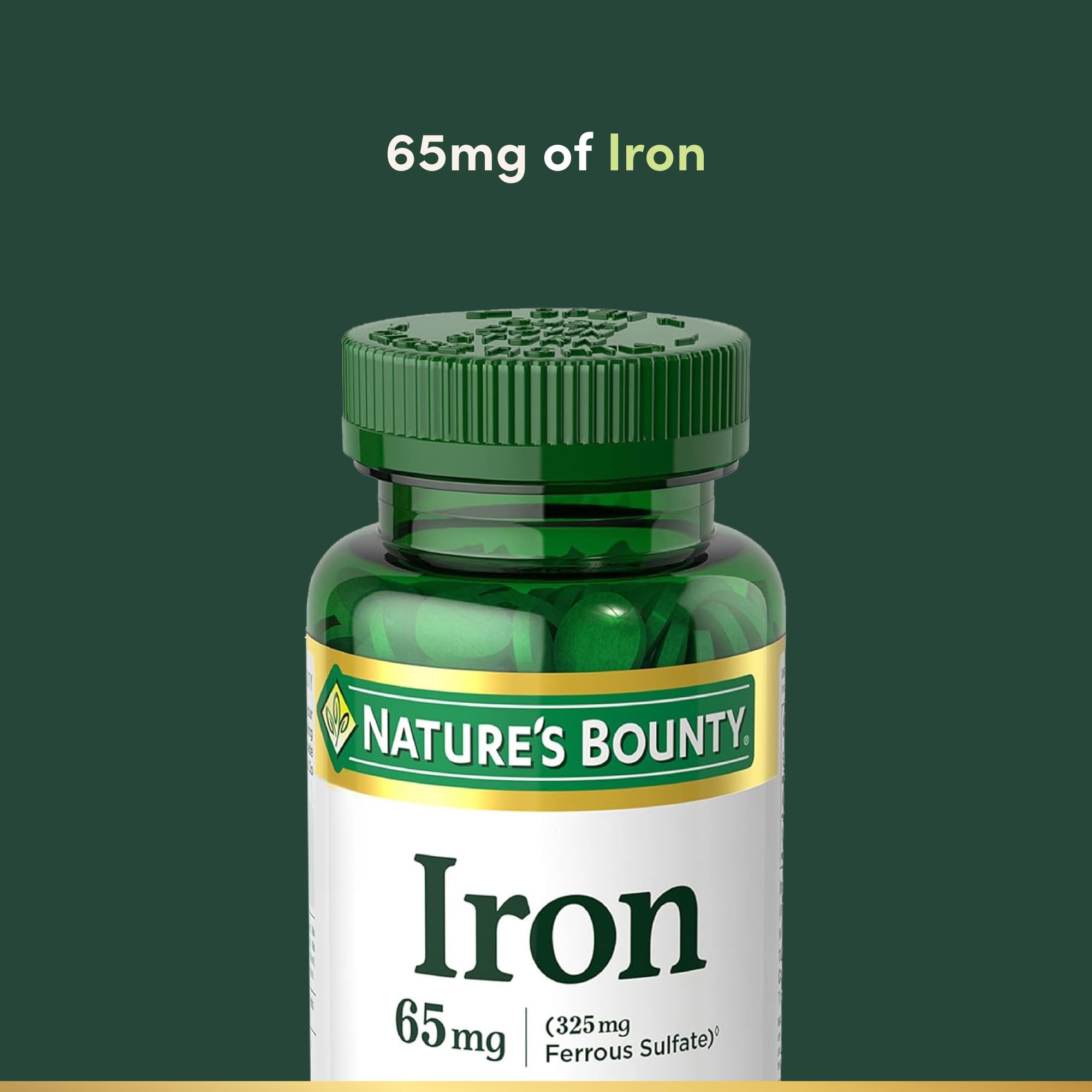 Nature’s Bounty Ferro etiqueta de botella, señal de transparencia y control de calidad.