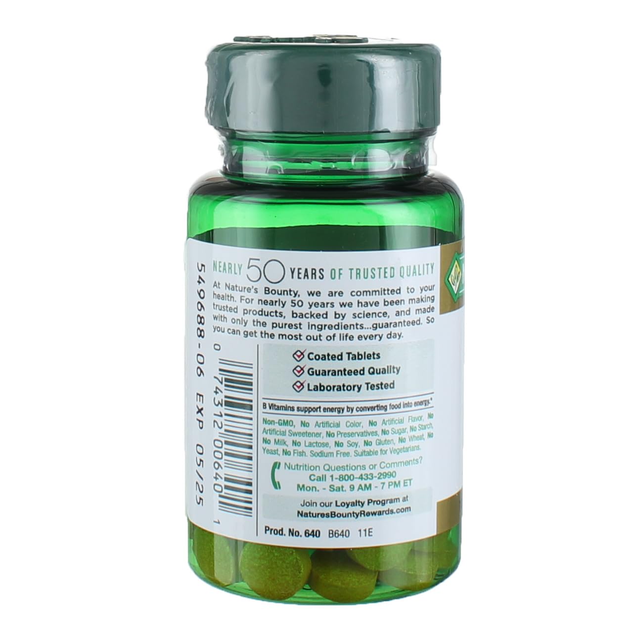Nature's Bounty Frasco con etiqueta dorada destacando riboflavina para salud general.