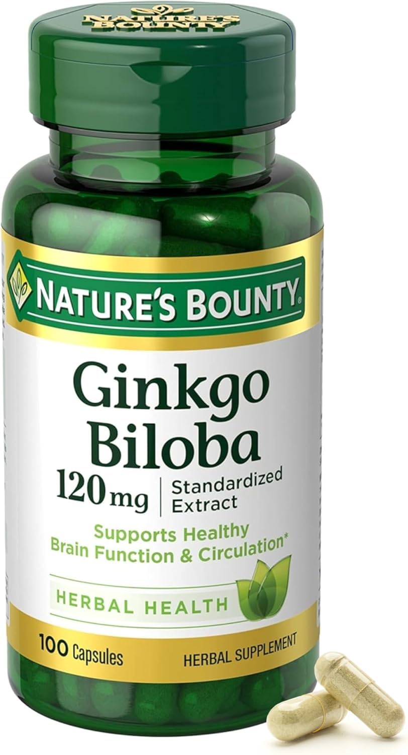 Nature's Bounty Ginkgo Biloba, cápsula 120 mg, posible apoyo a la claridad mental.