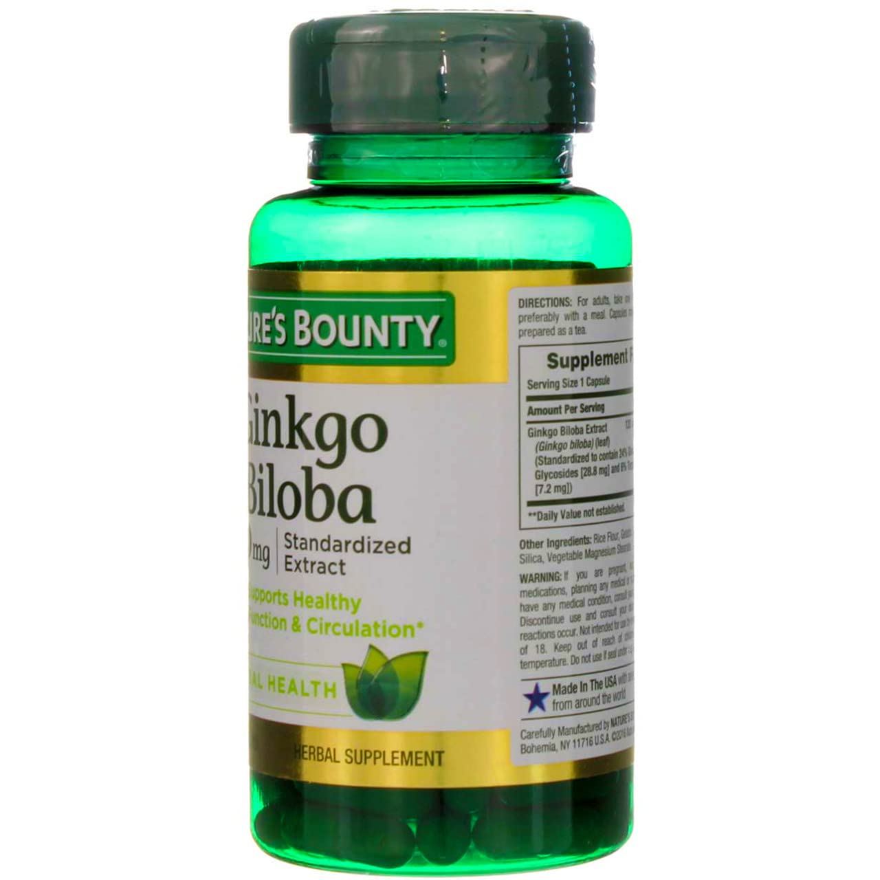 Nature's Bounty Ginkgo Biloba, reverso de cápsulas, indica dosis diaria