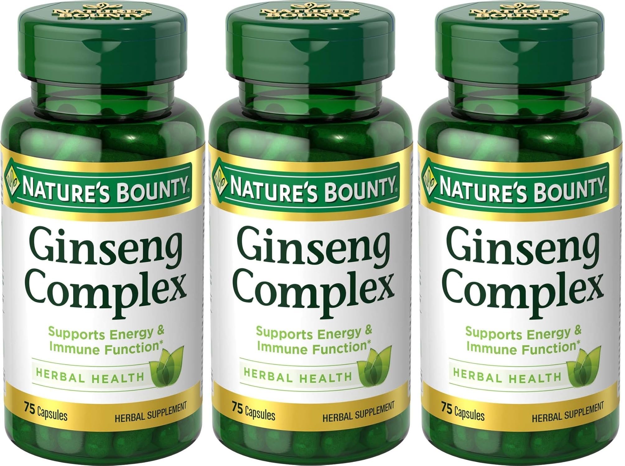 Nature's Bounty Ginseng Complex: botella de 75 cápsulas para energía diaria.
