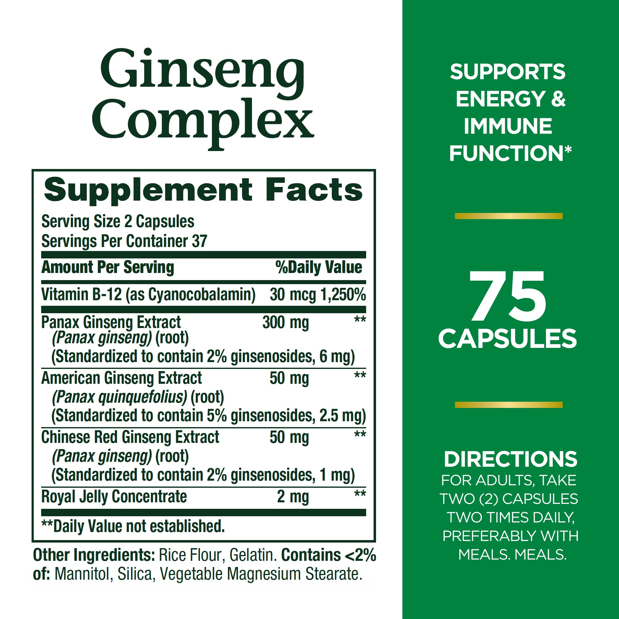 Nature's Bounty Ginseng Complex, ginsenosidos y flavonoides para energía sostenida.
