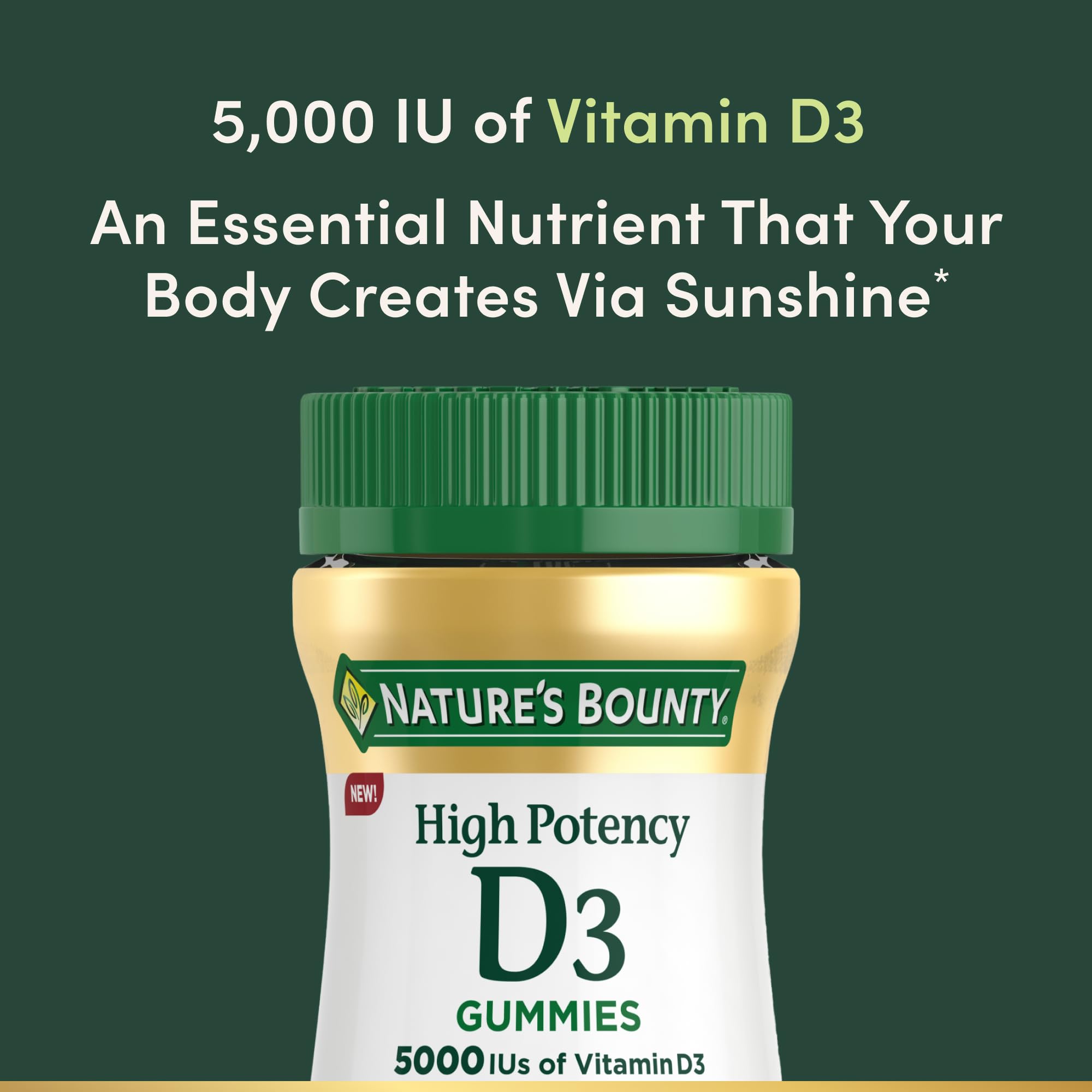 Gomita individual Nature's Bounty D3 5000 UI, sabor a fresa para consumo diario.