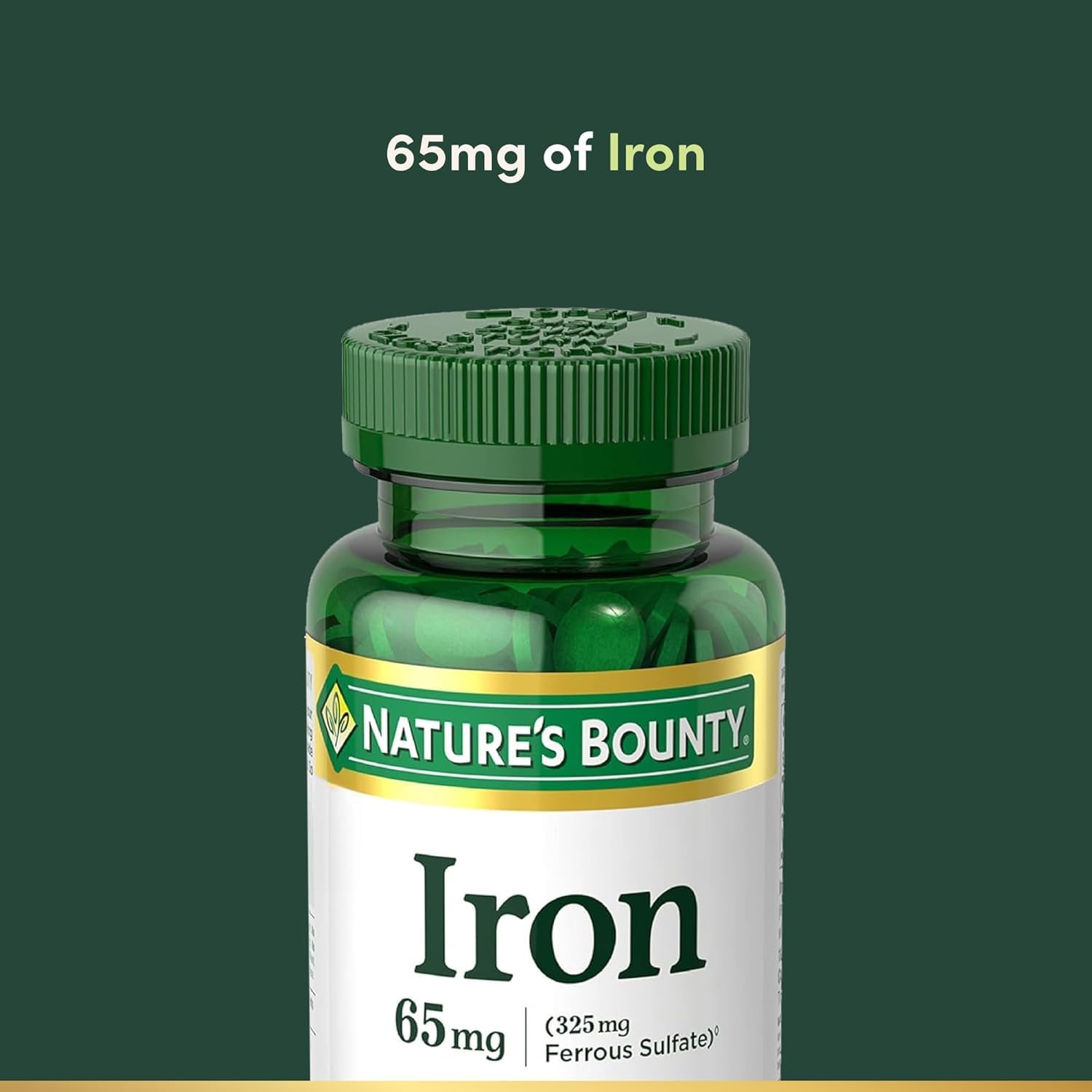 Nature's Bounty Hierro 65 mg, etiqueta de datos visibles para uso diario.