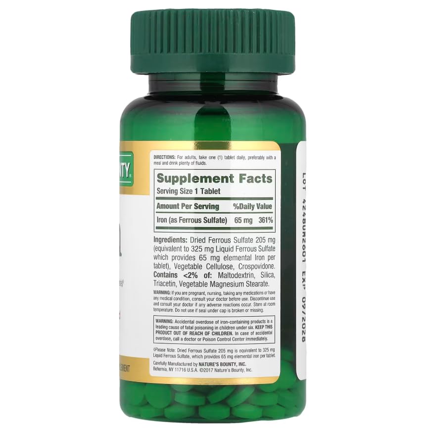 Nature's Bounty Iron 65 mg, caja 3 botellas: paquete práctico para la rutina semanal.