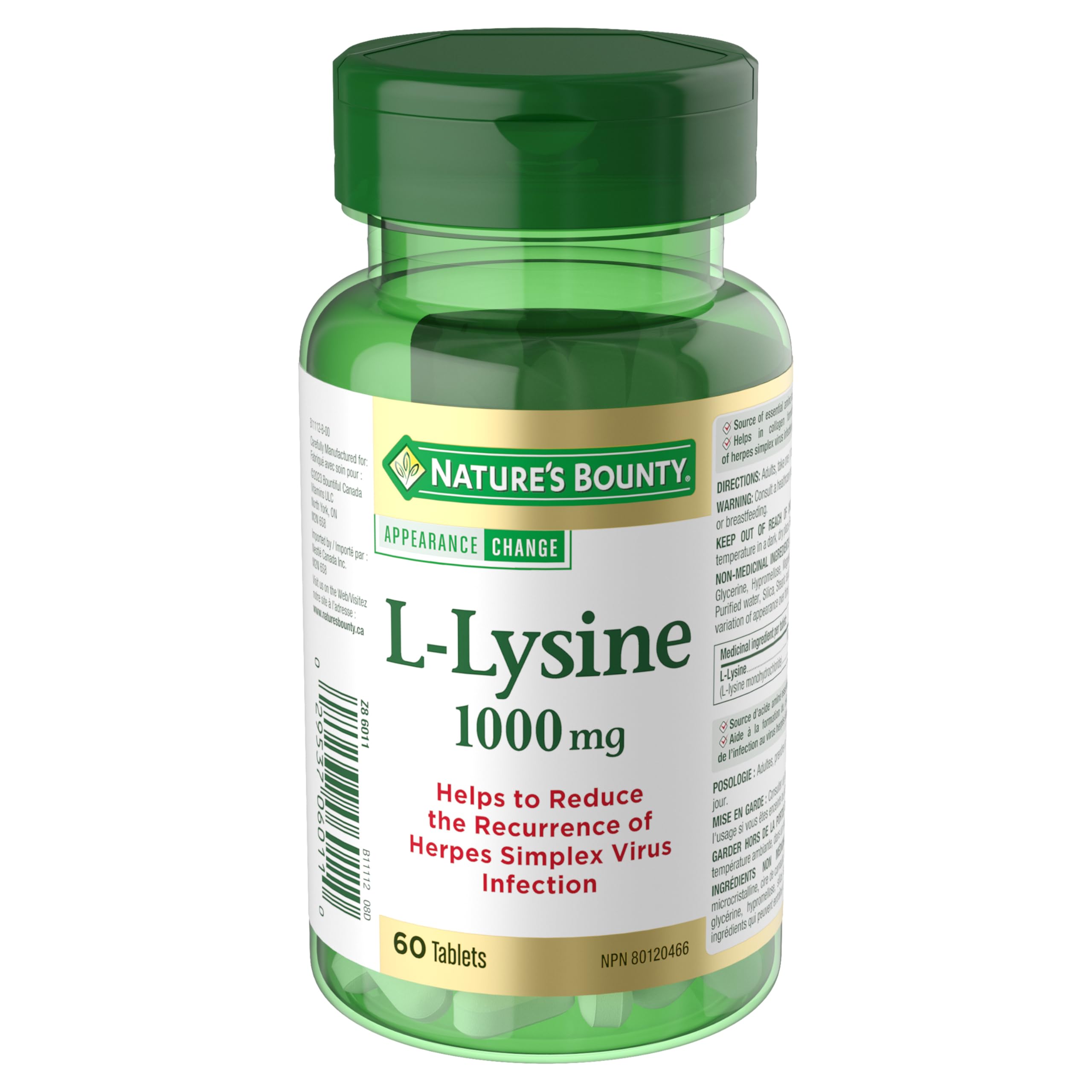 Nature's Bounty L-Lisina 1000 mg, tabletas, apoyo diario de aminoácidos esenciales.