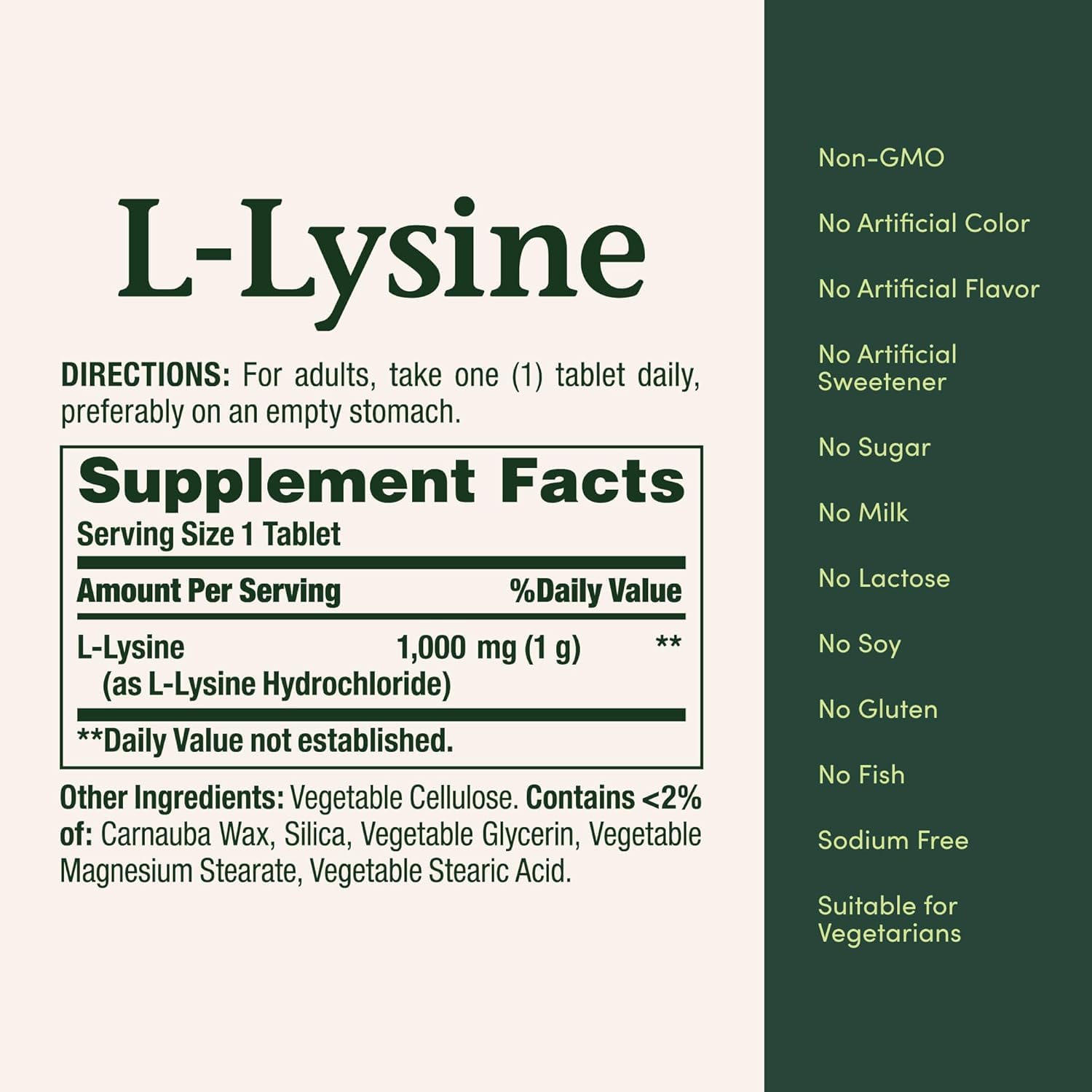 Nature's Bounty lisina 1000mg, composición: lista de nutrientes de fácil lectura.