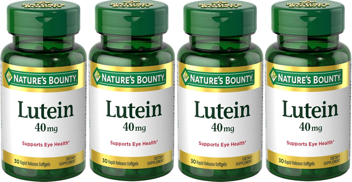 Nature's Bounty Lutein 40 mg: botella de cápsulas, apoyo a la salud ocular.