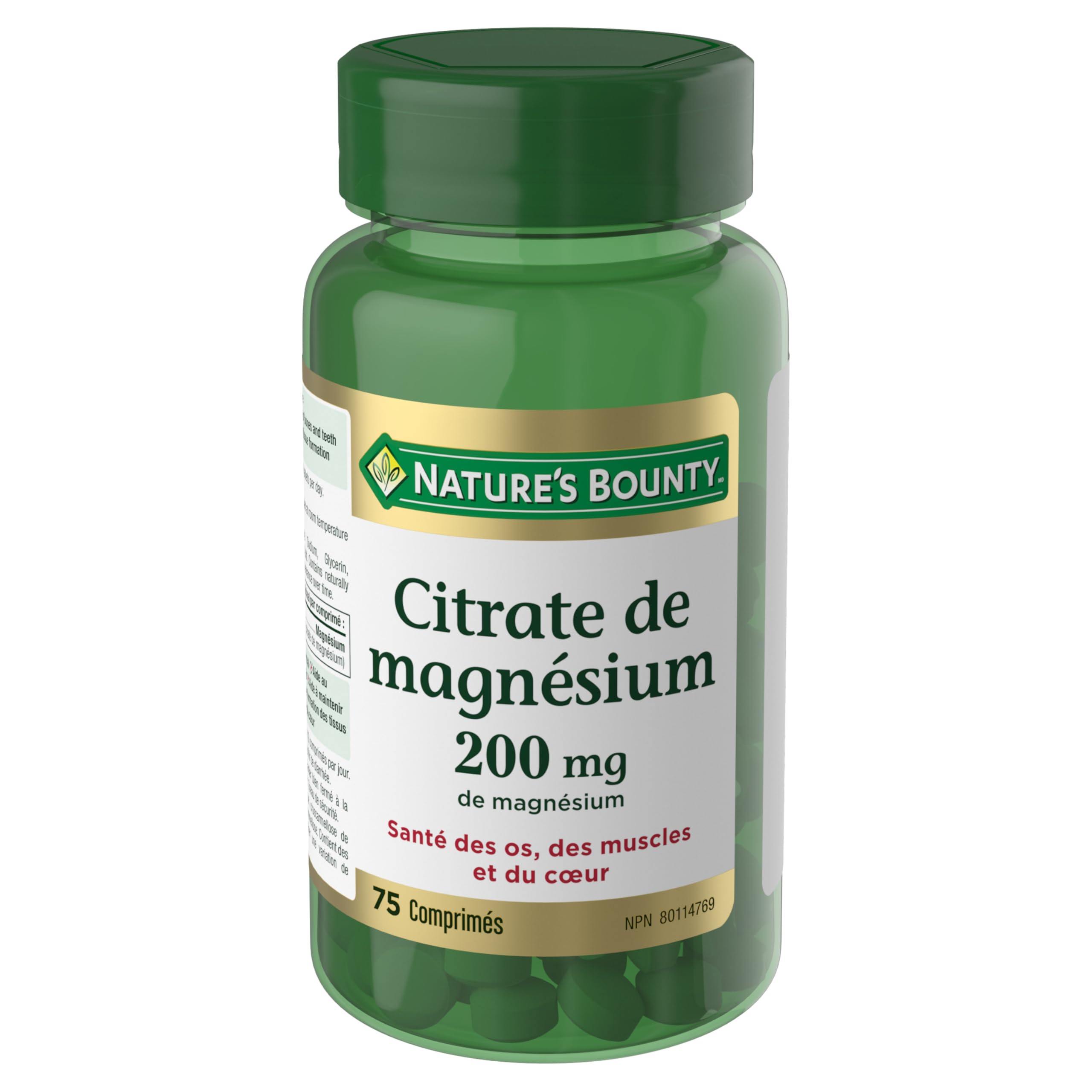 Nature's Bounty Magnesio Citrato 200 mg, botella trasera, uso diario fácil de entender