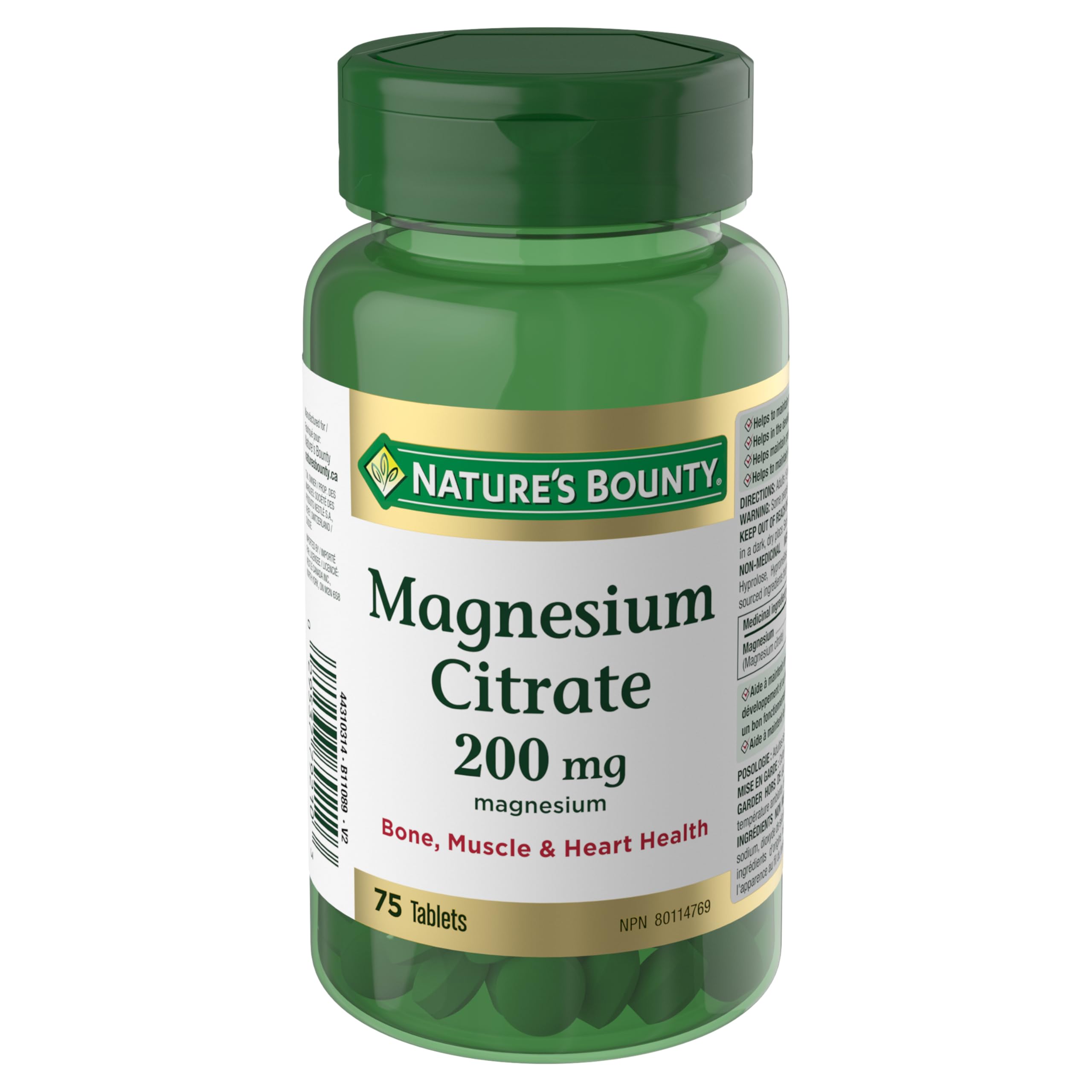 Nature's Bounty Magnesio Citrato 200 mg, botella frontal, dosis diaria práctica
