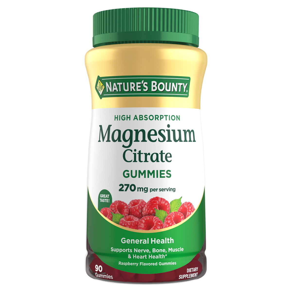 Nature's Bounty Magnesium Citrate Gummies en botella frambuesa para consumo diario cómodo.