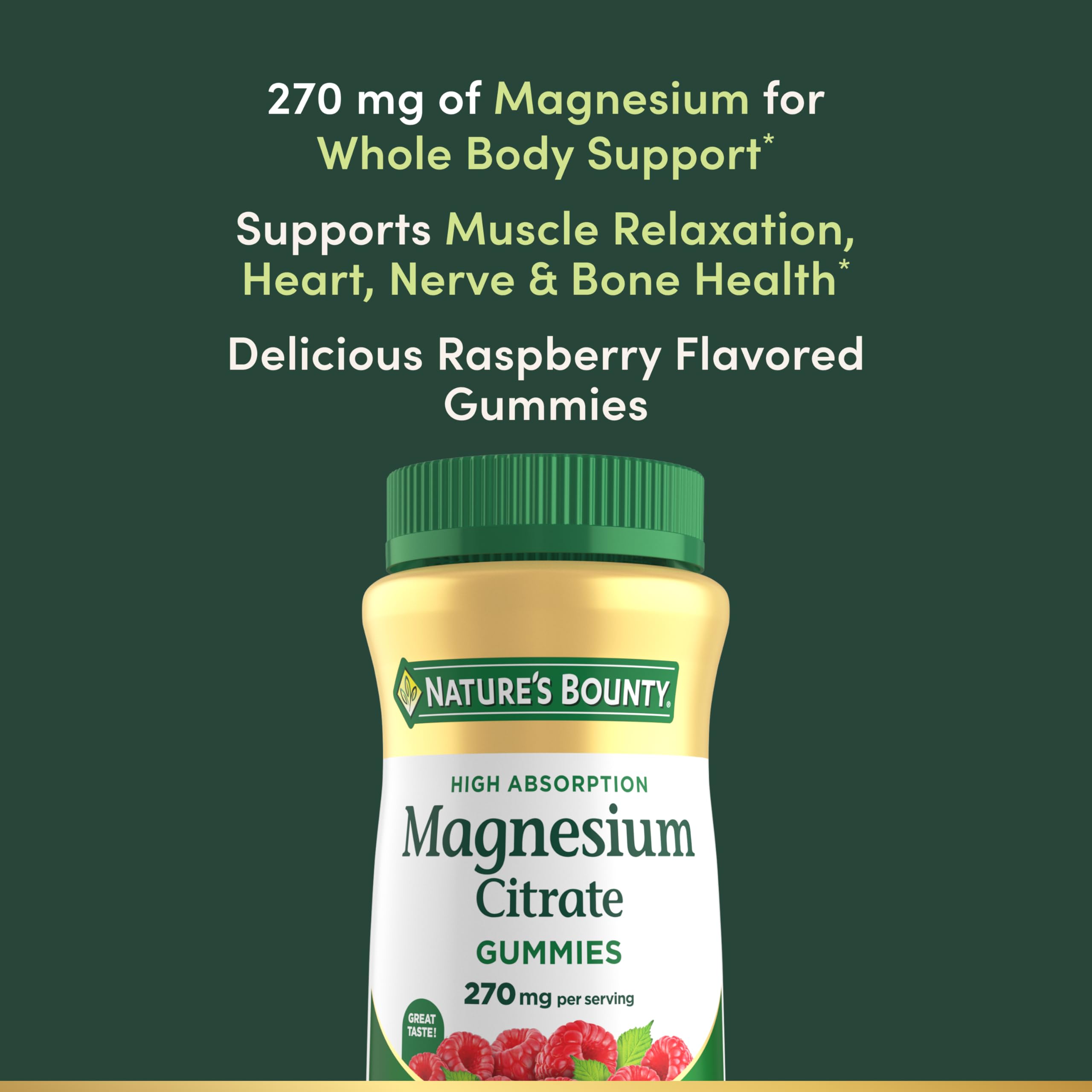 Nature's Bounty Magnesium Citrate Gummies primer-plano frambuesa para recordar la dosis diaria.
