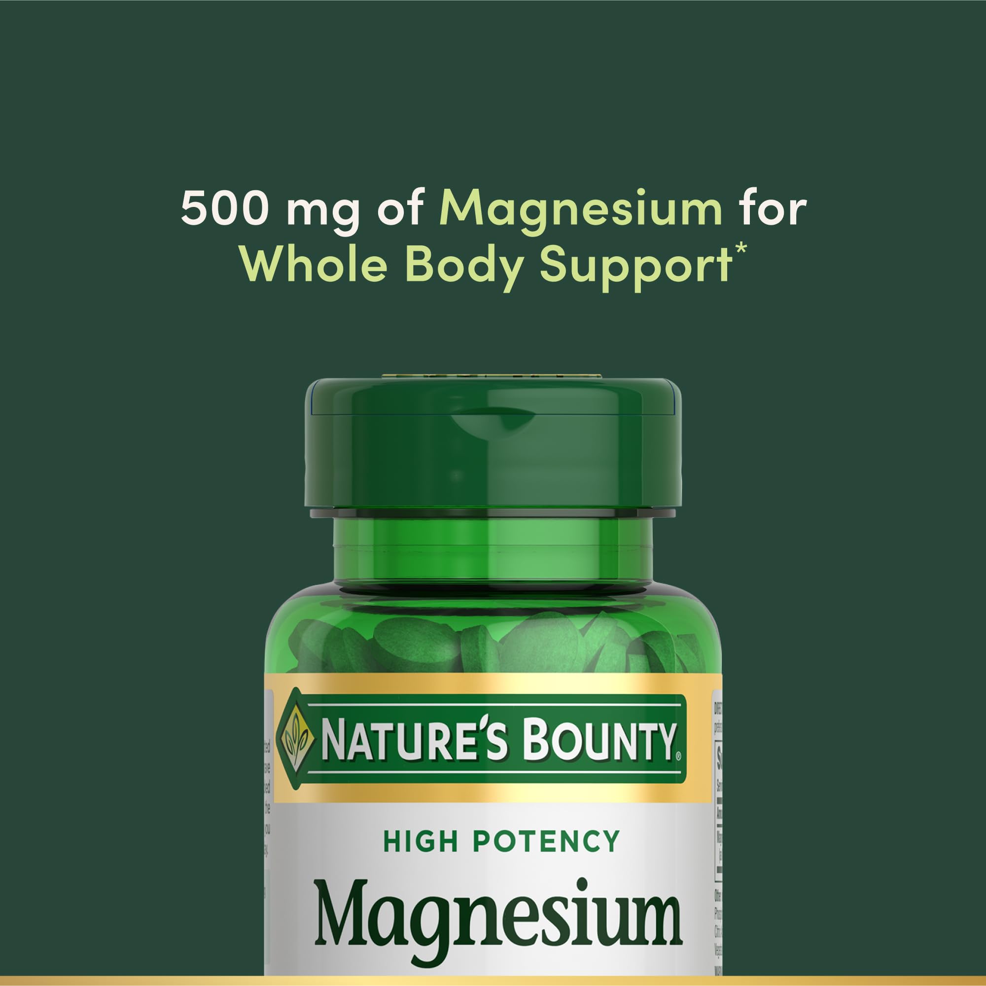 Nature's Bounty Magnesio, etiqueta nutricional visible, información clara para planificar ingestas.