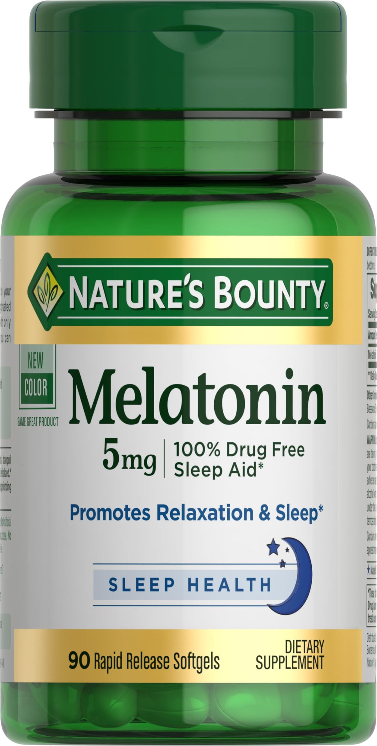 Nature's Bounty Melatonina en envase de 90 cápsulas para descanso tranquilo.