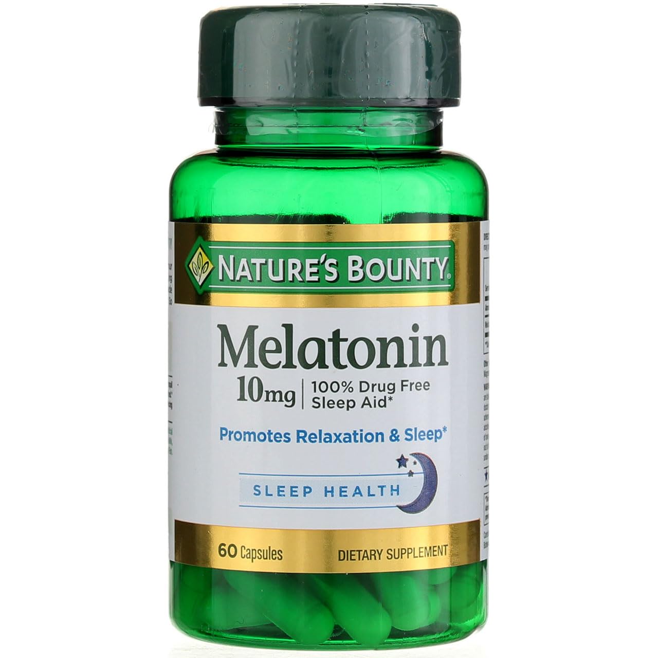 Nature's Bounty Melatonina 10 mg, botella frontal, apoyo al sueño nocturno suave.