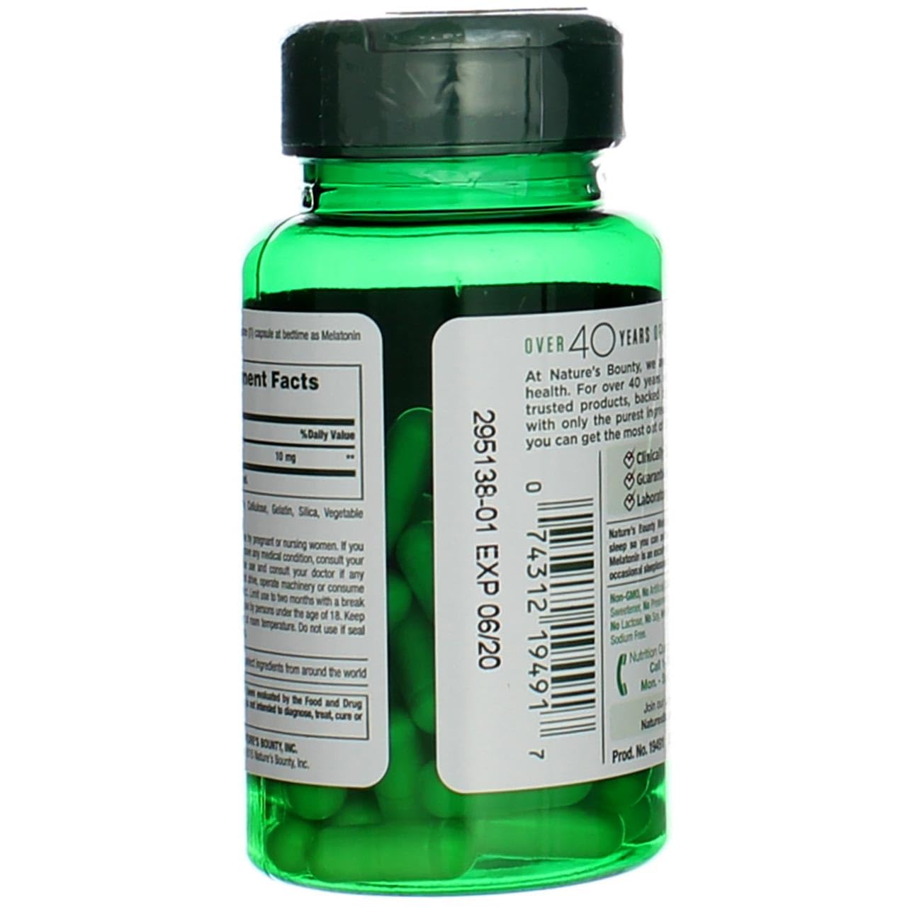Nature's Bounty Melatonina 10 mg, sin colorantes artificiales, opción sencilla para la rutina nocturna.