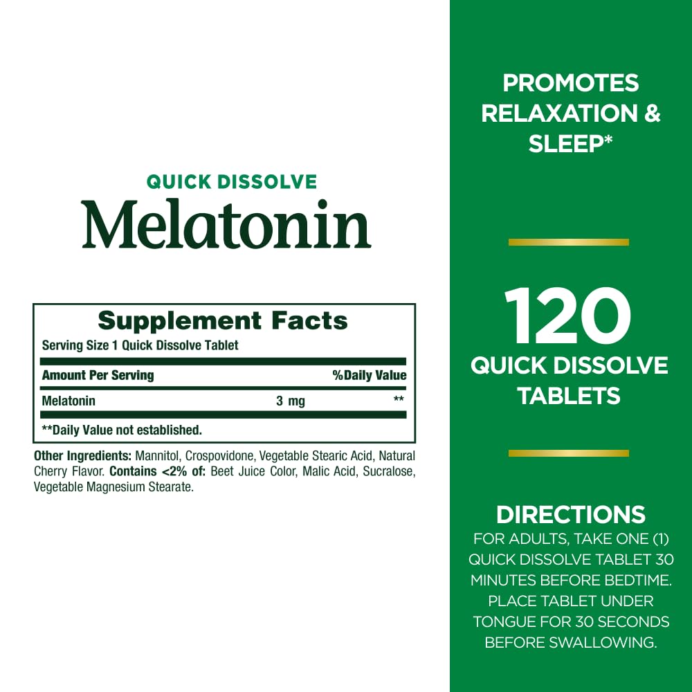Nature's Bounty Melatonina, vista trasera de la etiqueta, dosis de 3 mg para descanso constante