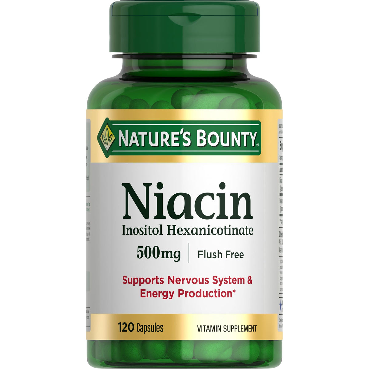 Nature's Bounty Niacin 500mg, botella visible, apoyo a la energía diaria.