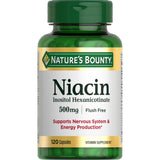 Nature's Bounty Niacin 500mg, botella visible, apoyo a la energía diaria.