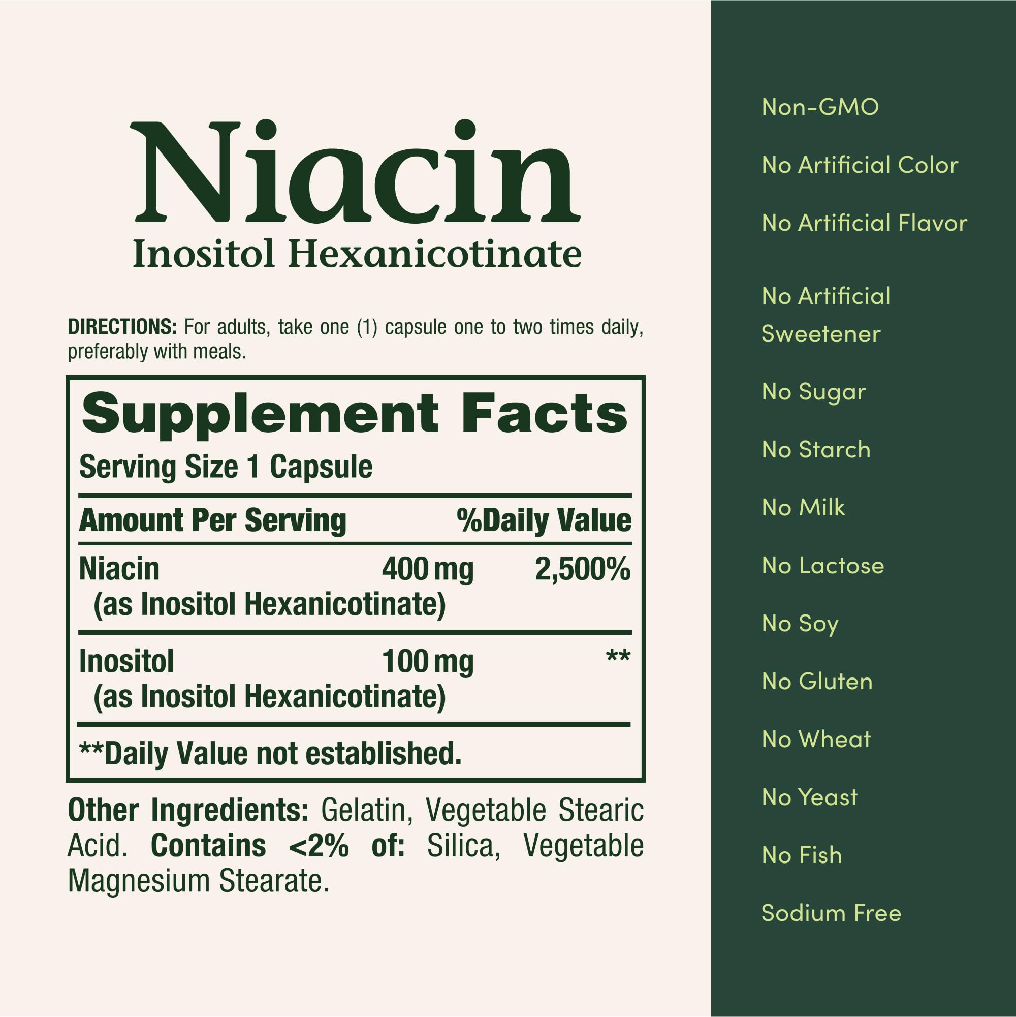Nature's Bounty Niacin 500mg, dosificación diaria, facilita ingesta con comida.