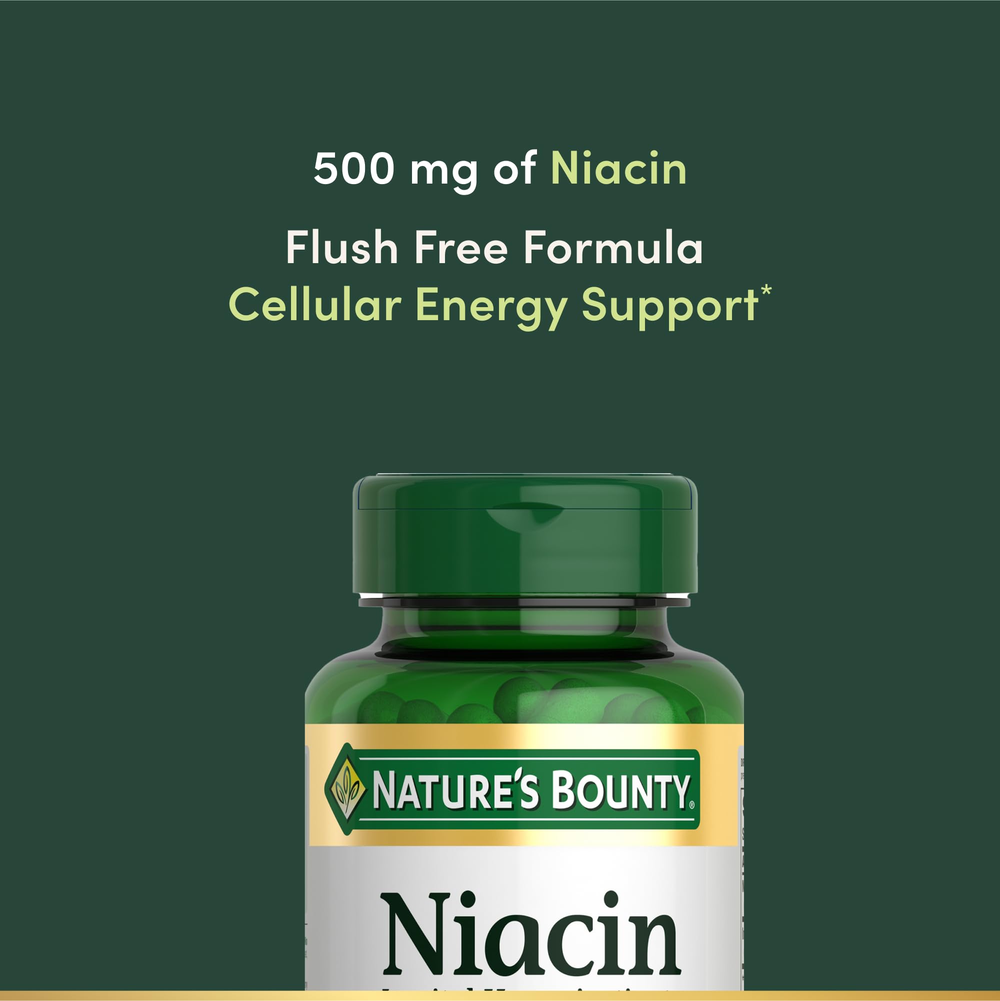 Nature's Bounty Niacin 500mg, etiqueta informativa, fuente de vitamina B3 para salud nerviosa.