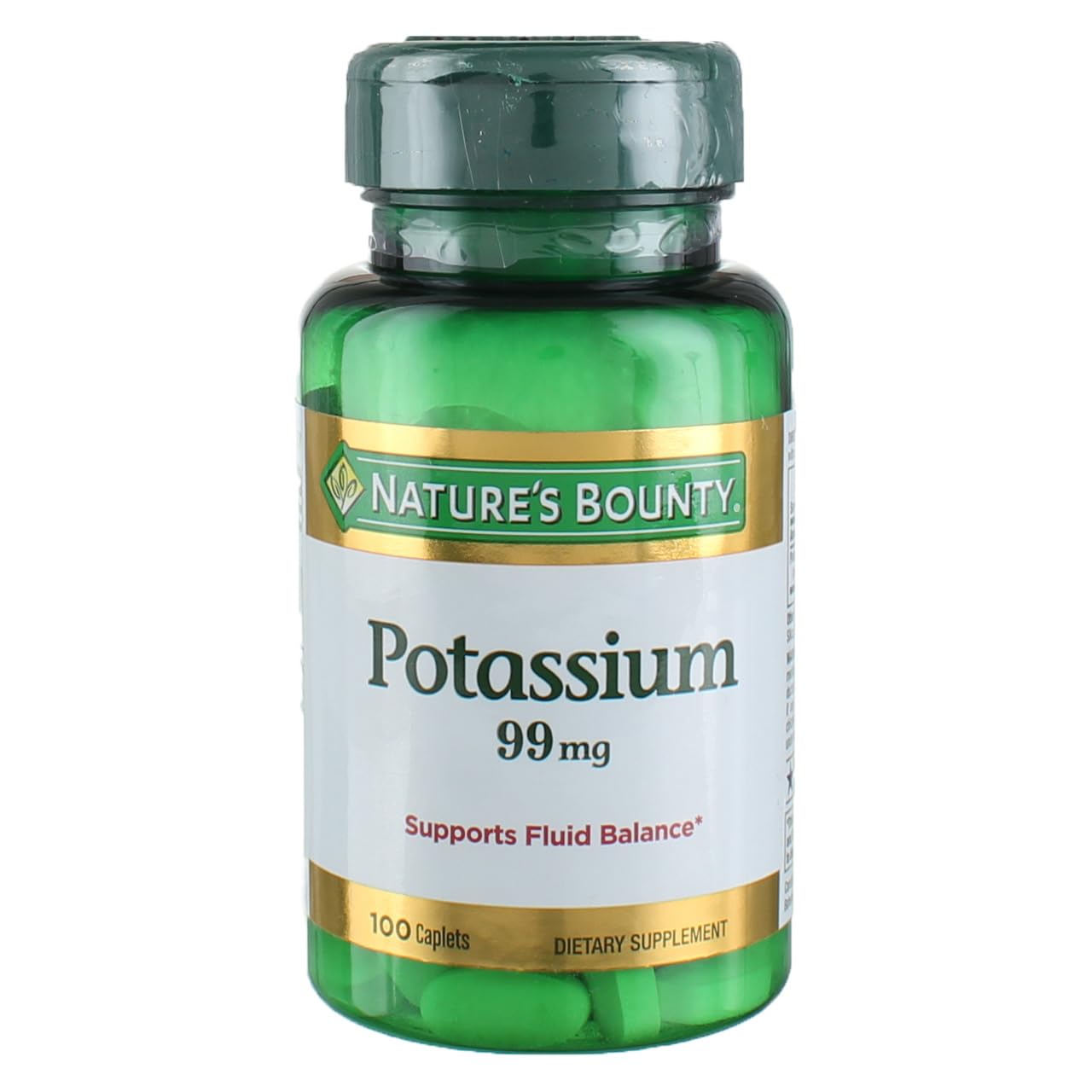 Nature's Bounty potasio gluconato 99 mg frasco frontal, contribuye al equilibrio de líquidos.