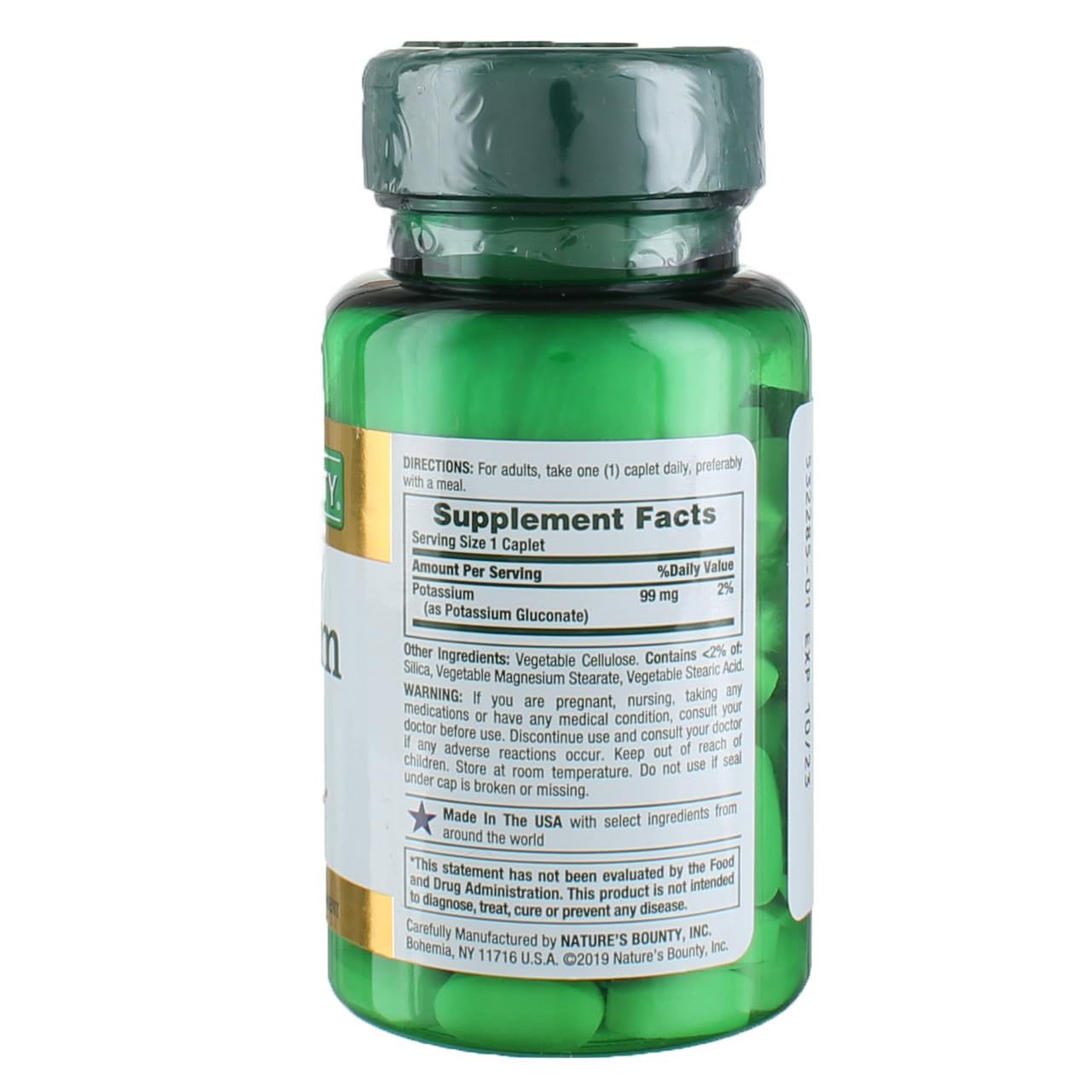 Nature's Bounty potasio gluconato 99 mg paquete de cápsulas, práctico para uso diario.