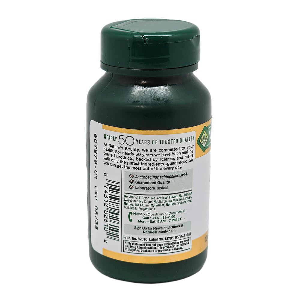 Nature's Bounty Probiotic Acidophilus, cápsulas visibles, para uso diario sencillo.