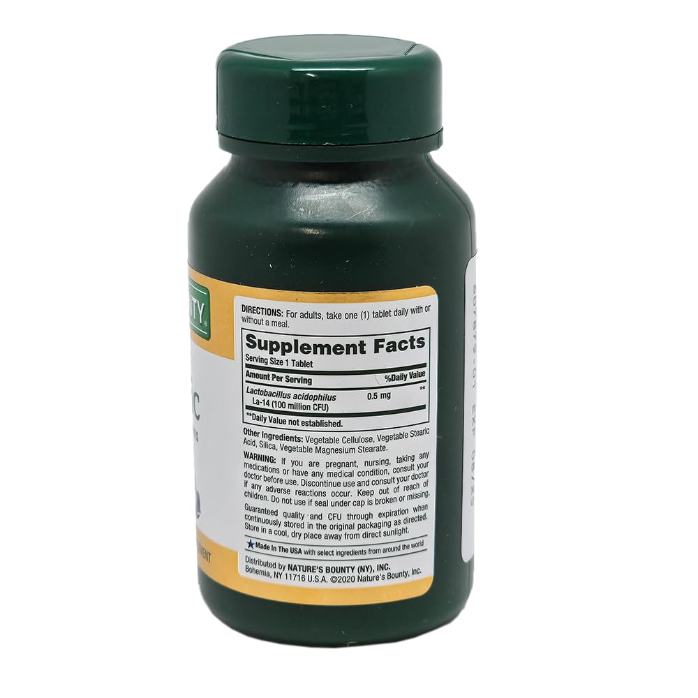 Nature's Bounty Probiotic Acidophilus, etiqueta nutricional visible, para conocer ingredientes y porciones.