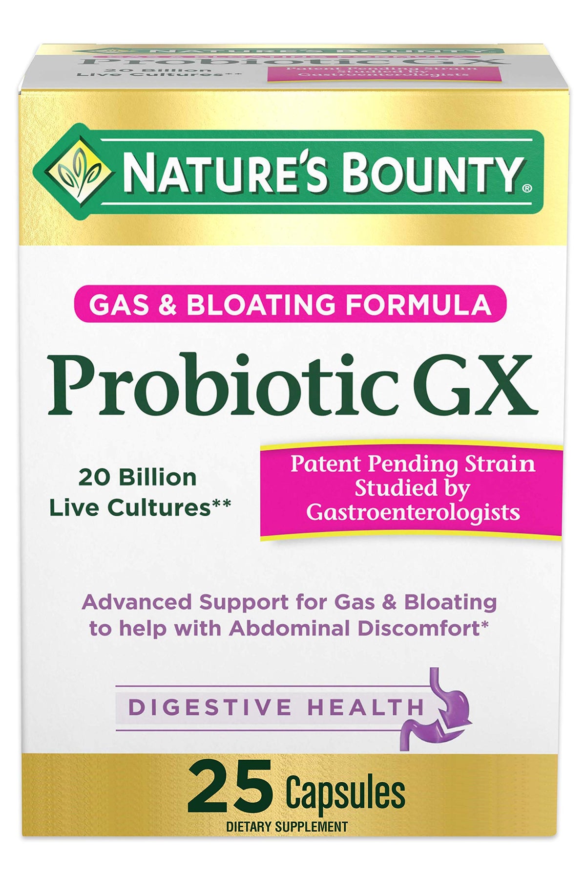 Nature's Bounty Probiotic GX en botella, apoyo a la digestión diaria.