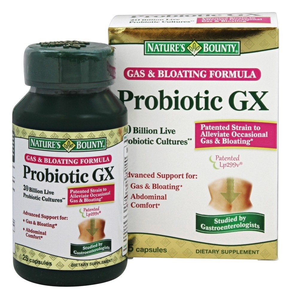 Nature's Bounty Probiotic GX para gas y hinchazon, apoyo al confort abdominal.