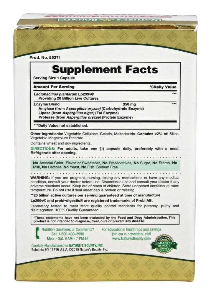 Nature's Bounty Probiotic GX con Lactobacillus plantarum 299v para apoyo digestivo diario.