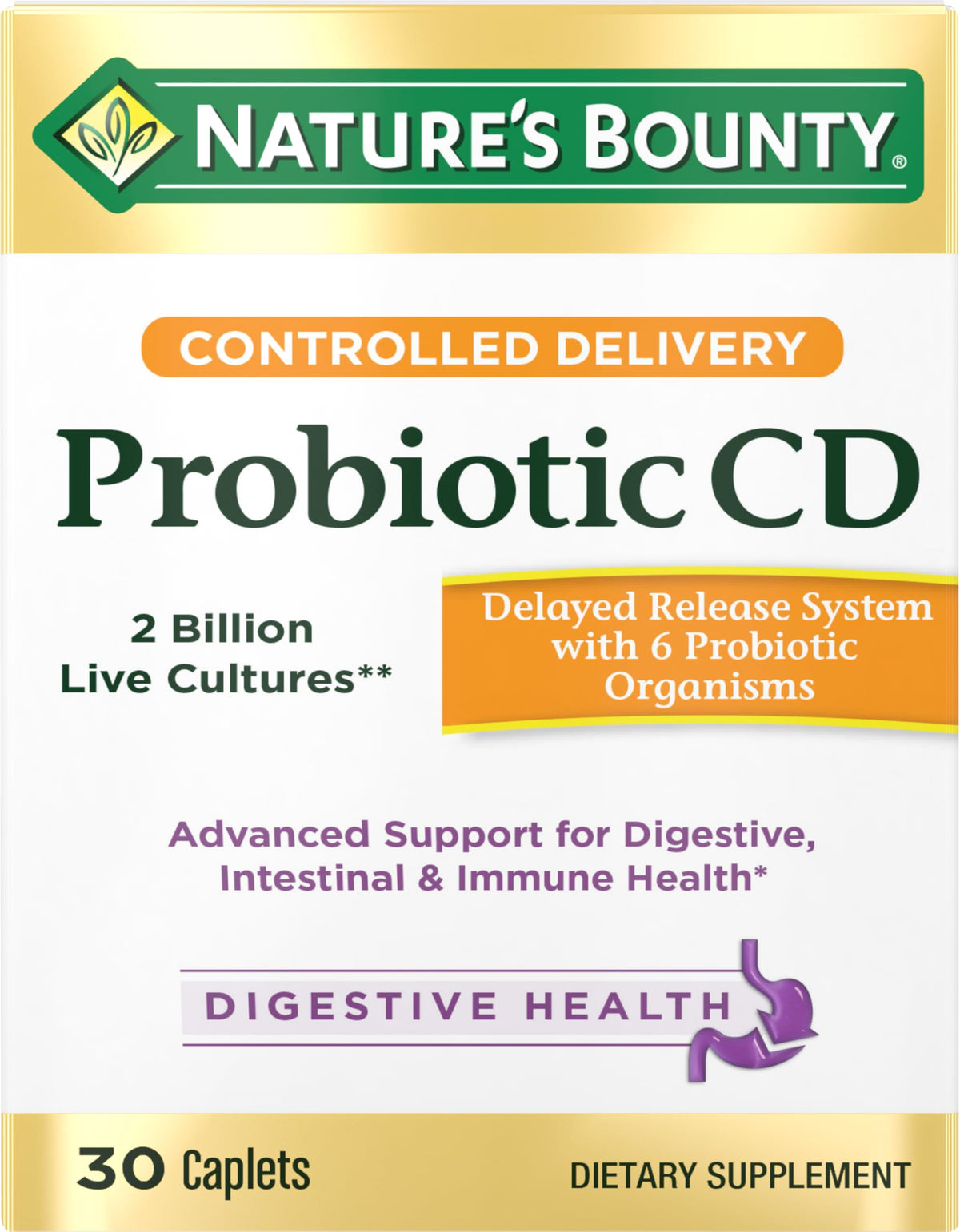 Probiótico Nature's Bounty entrega controlada en botella de 30 cápsulas para uso diario.