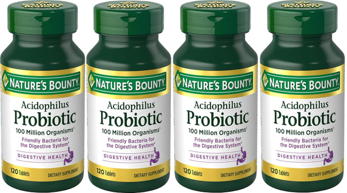Nature's Bounty Probiotics Acidophilus: botella de tabletas para apoyo digestivo diario.