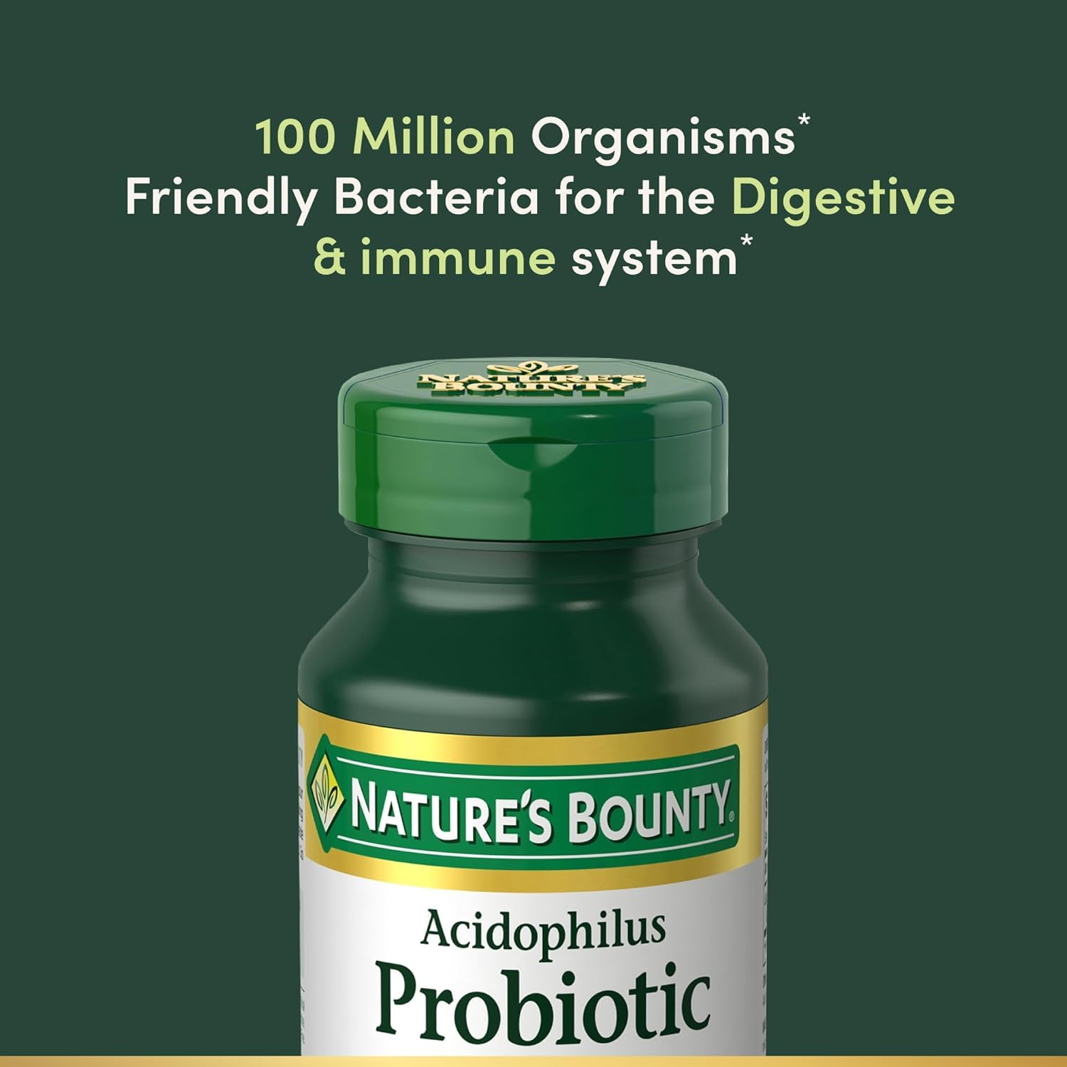 Nature's Bounty Probiotics Acidophilus: etiqueta clara con ingredientes y beneficios.
