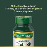 Nature's Bounty Probiotics Acidophilus: etiqueta clara con ingredientes y beneficios.