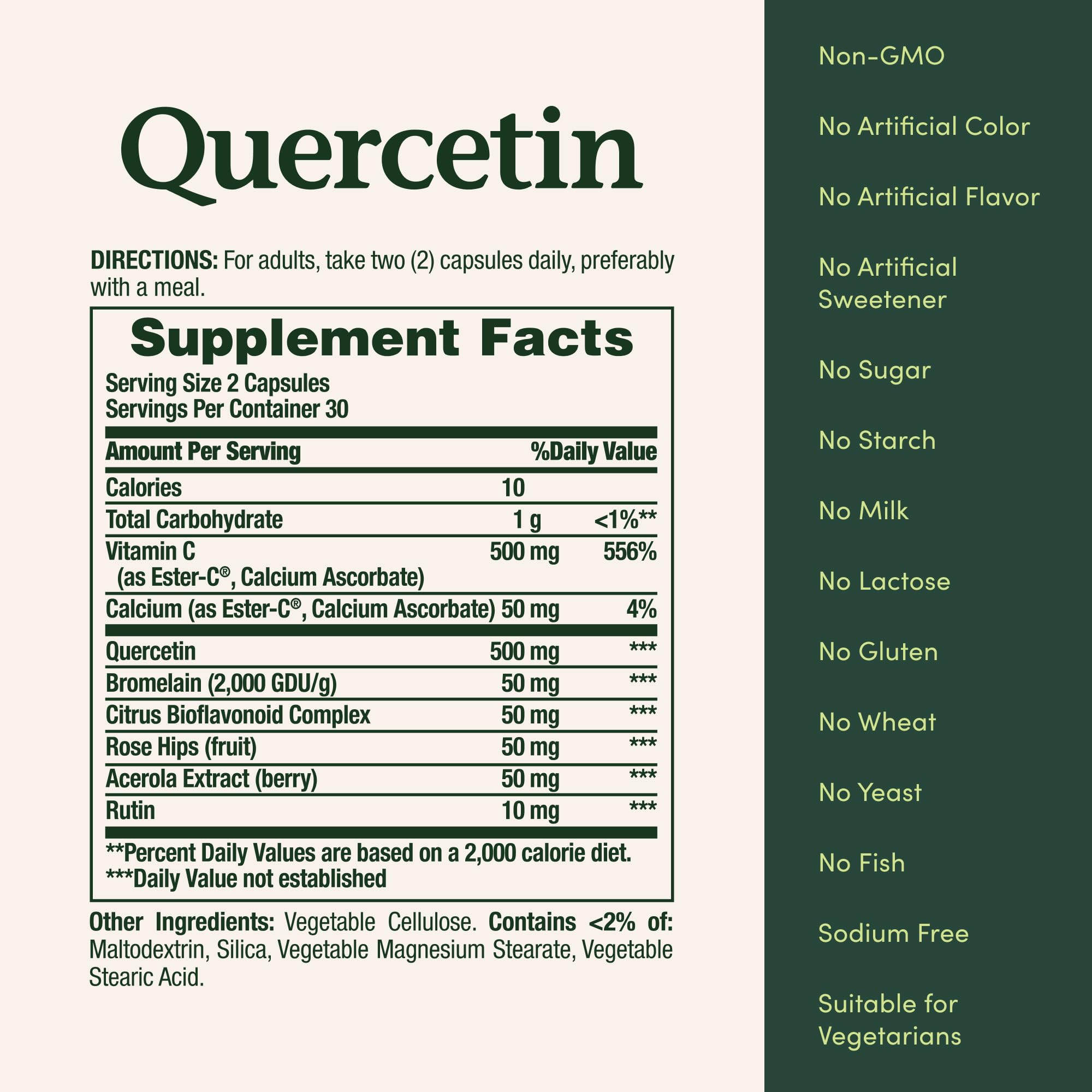 Nature's Bounty Quercetina: cápsulas aptas para veganos y libres de gluten y lácteos.