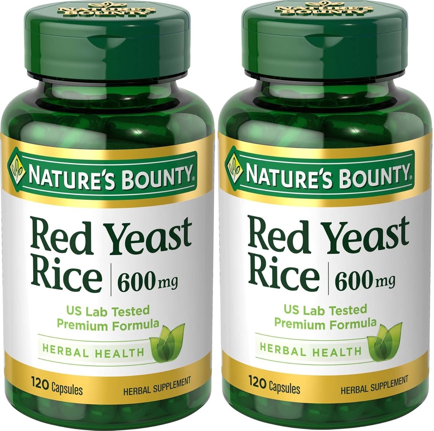 Nature's Bounty Red Yeast Rice, botella de 600 mg por cápsula, uso diario.