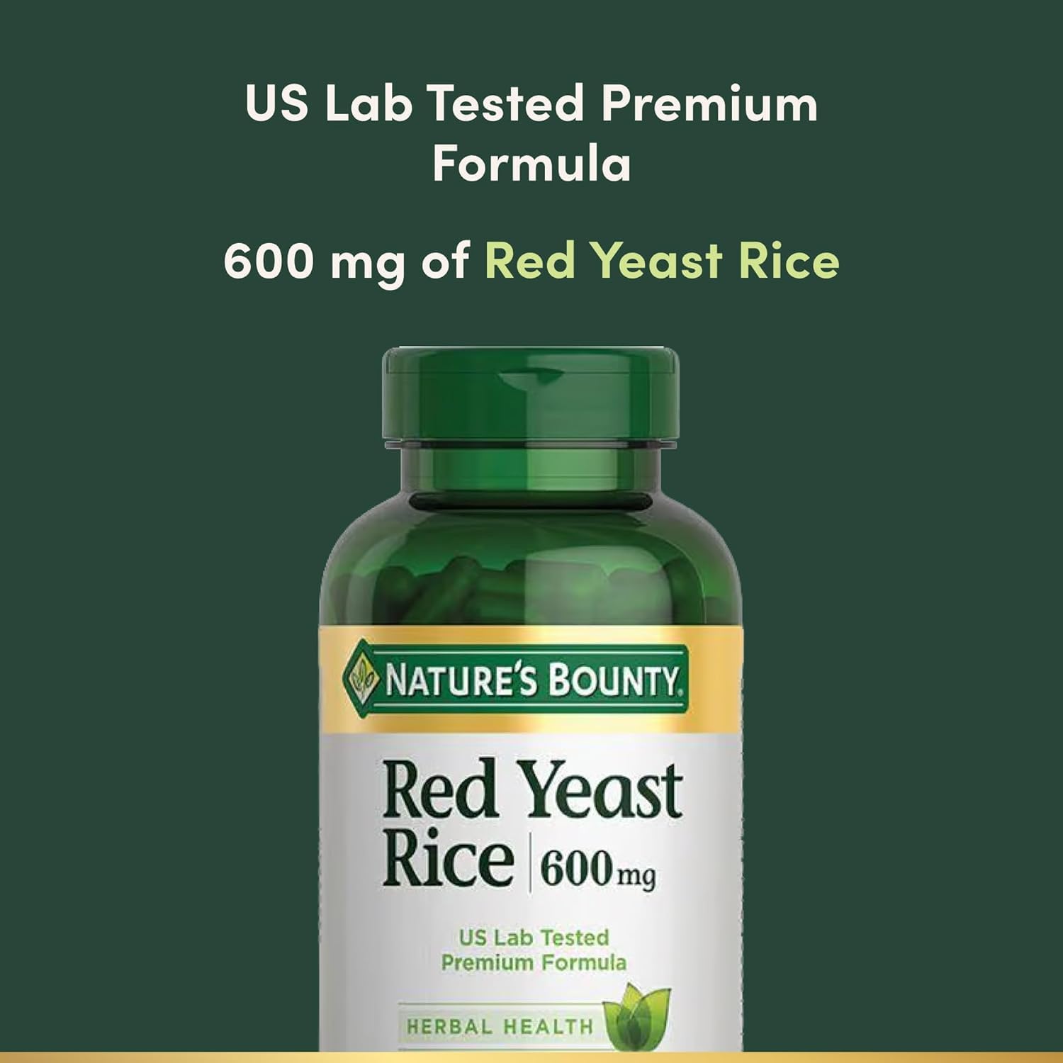 Etiqueta de Nature's Bounty Red Yeast Rice con ingredientes naturales y sin OGM.