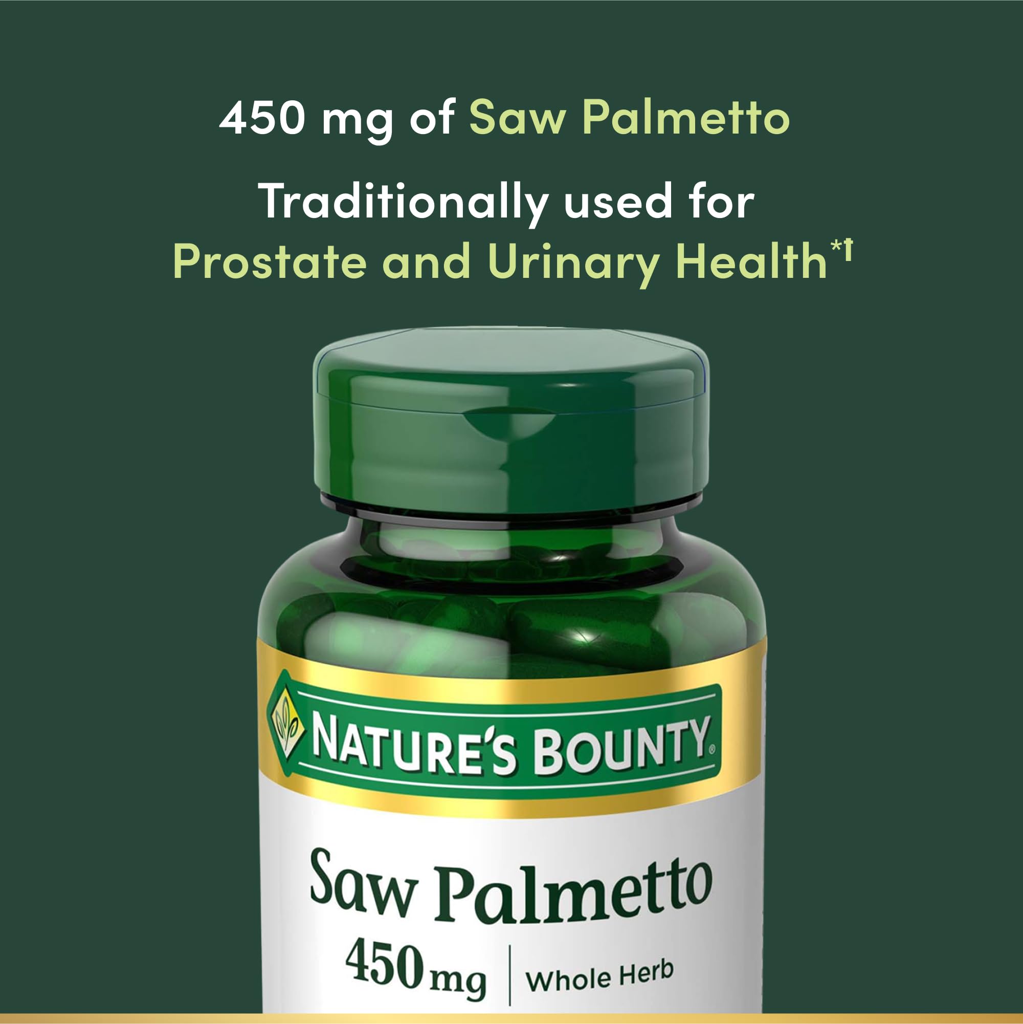 Caja frontal de Nature's Bounty Saw Palmetto, suplemento para hombres.