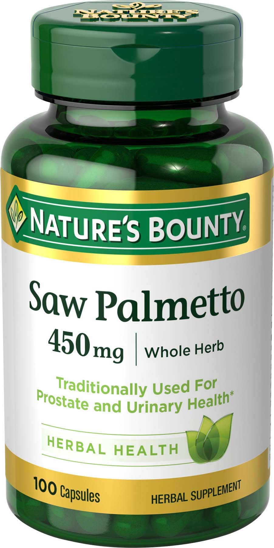 Nature's Bounty Saw Palmetto cápsulas 450 mg, apoyo para la salud prostática.